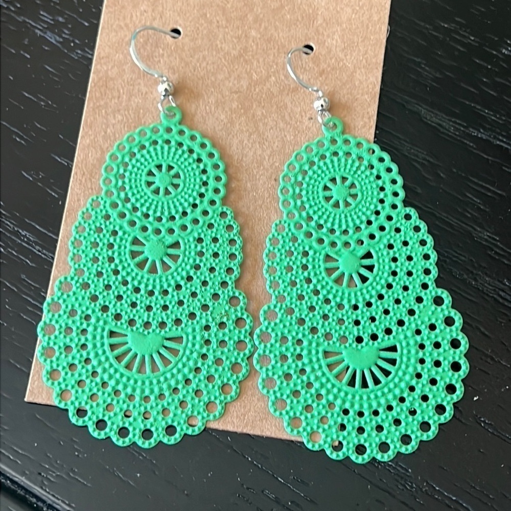 GREEN metal filigree earrings-NWT